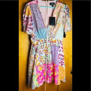 NWT SALONI Sheer Stripe Cotton Patchwork Zip Mini Dress w/Lining, Size 8